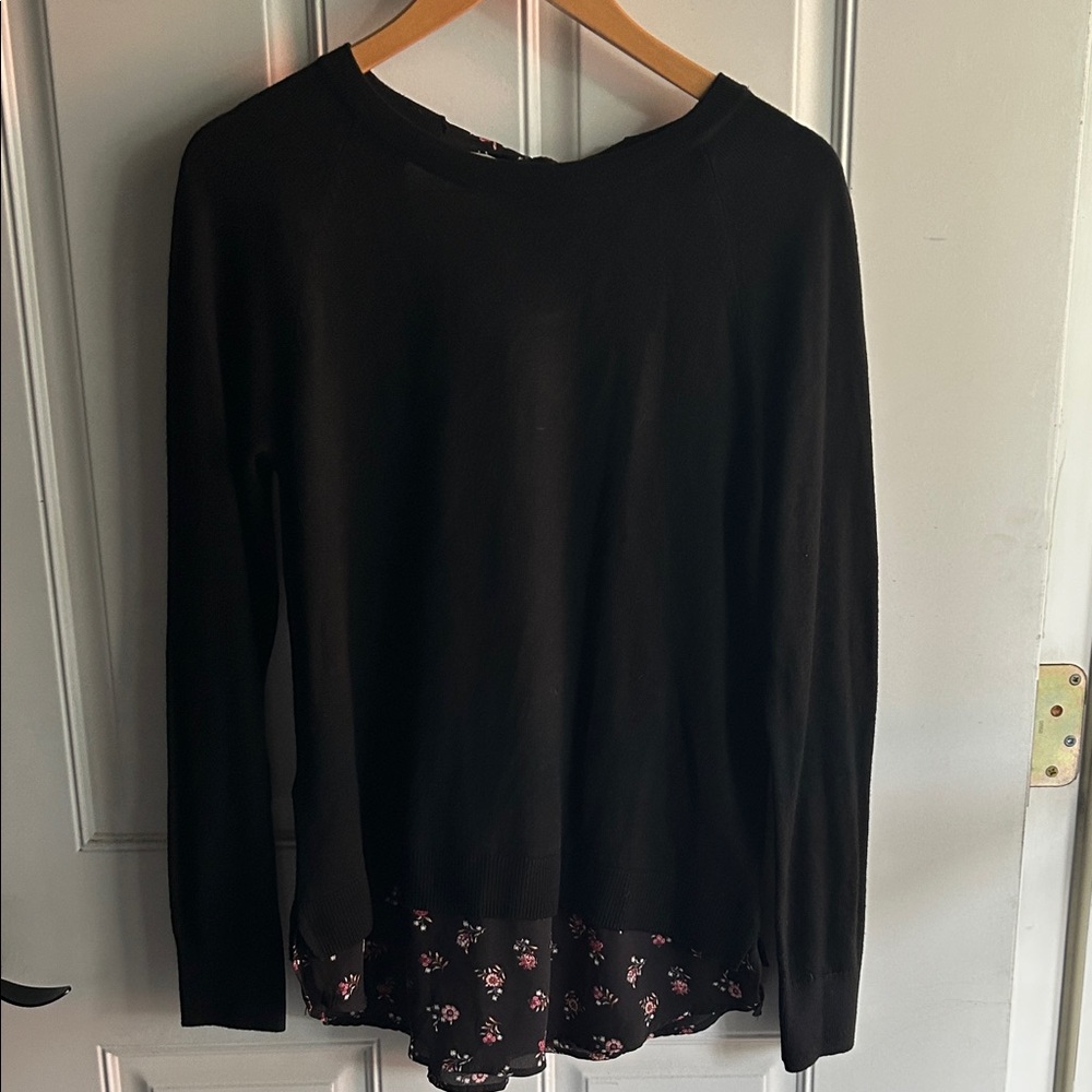 LOFT Black Long Sleeve Blouse with Floral Lace Trim